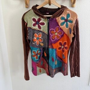 Y2K KPC Nepal Patchwork flower Multicolor Zip Hoodie Jacket Gypsy boho hippie
